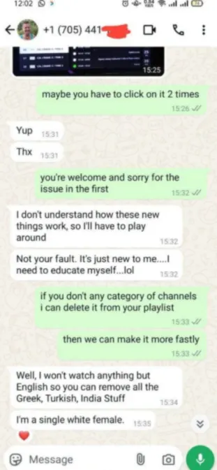 Create an image showing a conversation on WhatsApp between a customer and a service provider. The conversation should involve a customer asking about an IPTV trial, expressing interest in high-quality service, and mentioning they use an iPhone. The service provider responds by confirming the trial and asking which IPTV player is used on the iPhone. The design should have a realistic look with speech bubbles and a clean, modern chat interface."