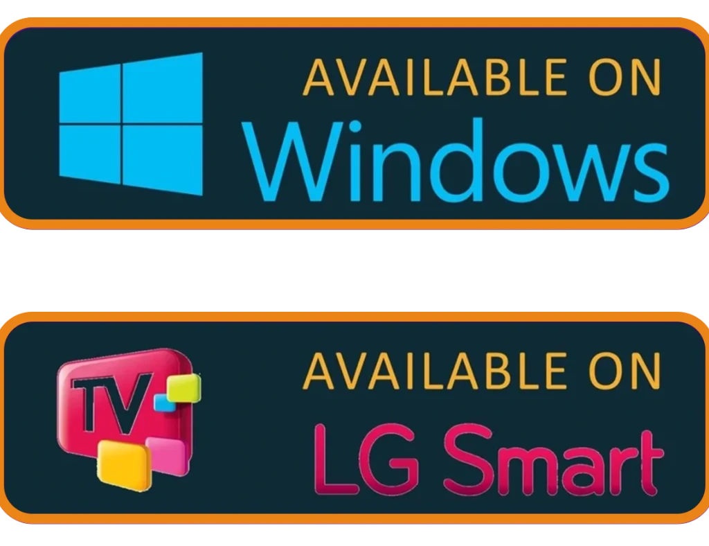 Create an image showing various device icons with their corresponding streaming services. Include icons for Android, MAG, Fire TV, Chrome, Windows, LG Smart TV, iOS, and Smart TV with labels like ‘Available on’ for each. The design should be vibrant and modern, showcasing the versatility and availability of streaming on different platforms with a sleek, user-friendly interface."