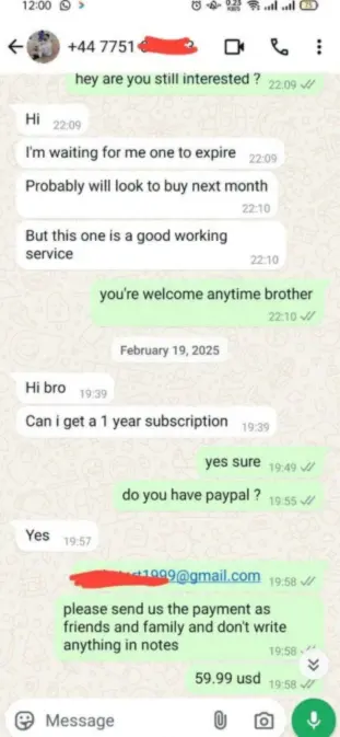 Create an image showing a conversation on WhatsApp between a customer and a service provider. The conversation should involve a customer asking about an IPTV trial, expressing interest in high-quality service, and mentioning they use an iPhone. The service provider responds by confirming the trial and asking which IPTV player is used on the iPhone. The design should have a realistic look with speech bubbles and a clean, modern chat interface."