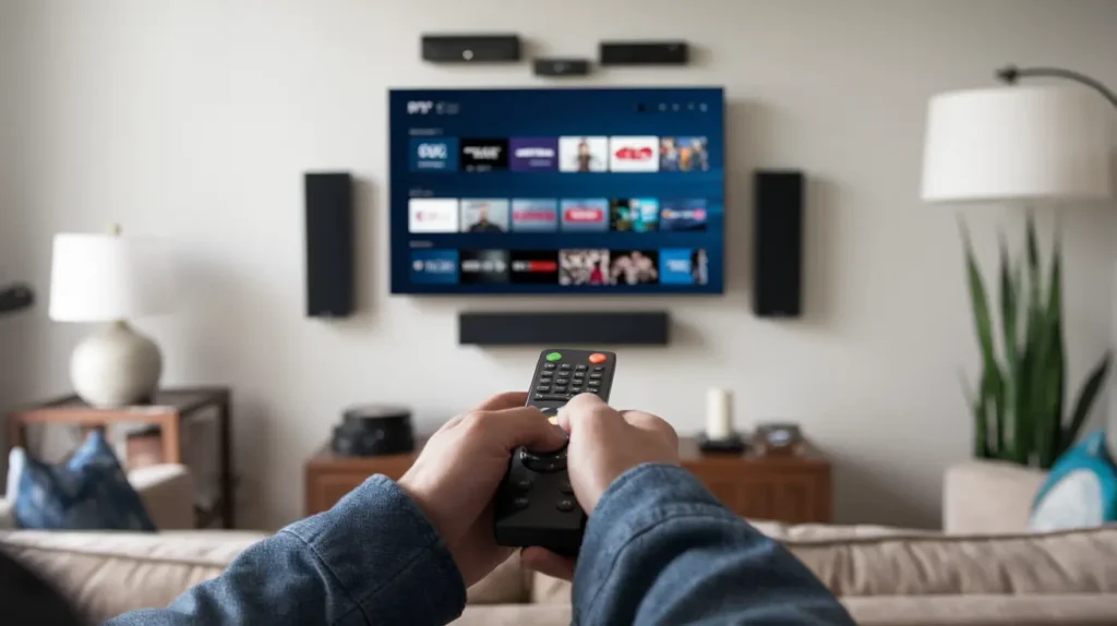 Create an image showcasing a comfortable living room with a person holding a remote control, watching IPTV content on a large flat-screen TV. The TV screen displays a variety of TV shows and movies, indicating the flexibility and variety offered by IPTV services. The scene should feature a cozy and modern setting with a couch, lamps, and sound system, emphasizing a high-quality streaming experience at home."