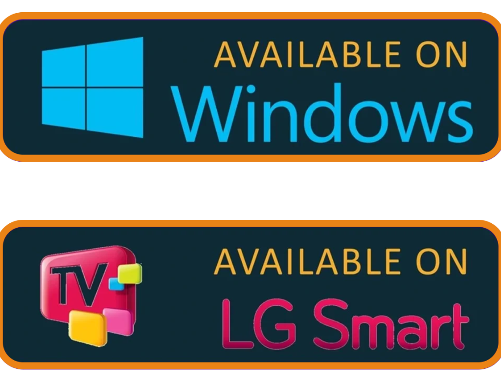 Create an image showing various device icons with their corresponding streaming services. Include icons for Android, MAG, Fire TV, Chrome, Windows, LG Smart TV, iOS, and Smart TV with labels like ‘Available on’ for each. The design should be vibrant and modern, showcasing the versatility and availability of streaming on different platforms with a sleek, user-friendly interface."