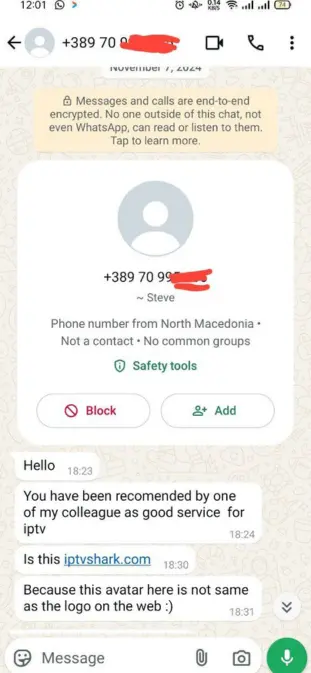 Create an image showing a conversation on WhatsApp between a customer and a service provider. The conversation should involve a customer asking about an IPTV trial, expressing interest in high-quality service, and mentioning they use an iPhone. The service provider responds by confirming the trial and asking which IPTV player is used on the iPhone. The design should have a realistic look with speech bubbles and a clean, modern chat interface."