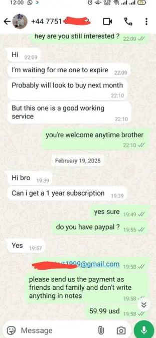 Create an image showing a conversation on WhatsApp between a customer and a service provider. The conversation should involve a customer asking about an IPTV trial, expressing interest in high-quality service, and mentioning they use an iPhone. The service provider responds by confirming the trial and asking which IPTV player is used on the iPhone. The design should have a realistic look with speech bubbles and a clean, modern chat interface."