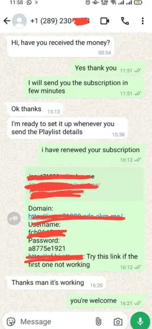 Create an image showing a conversation on WhatsApp between a customer and a service provider. The conversation should involve a customer asking about an IPTV trial, expressing interest in high-quality service, and mentioning they use an iPhone. The service provider responds by confirming the trial and asking which IPTV player is used on the iPhone. The design should have a realistic look with speech bubbles and a clean, modern chat interface."